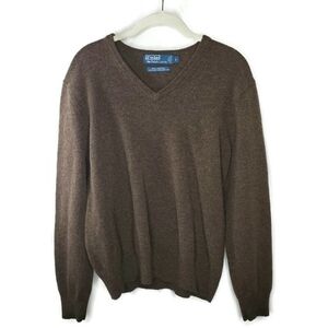 Polo Ralph Lauren Brown 100% Lambs Wool Italian Yarn Sweater V-Neck Size Large